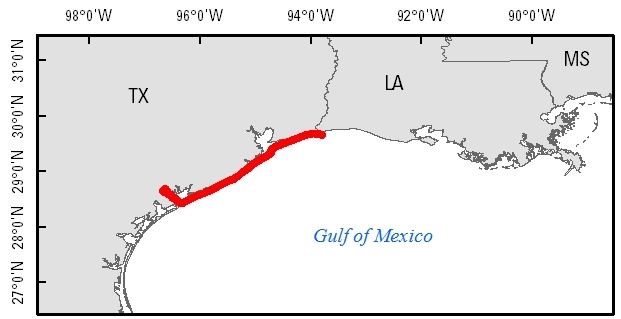 Labeled greyscale map with a thick red line showing the study area along the coast of Texas