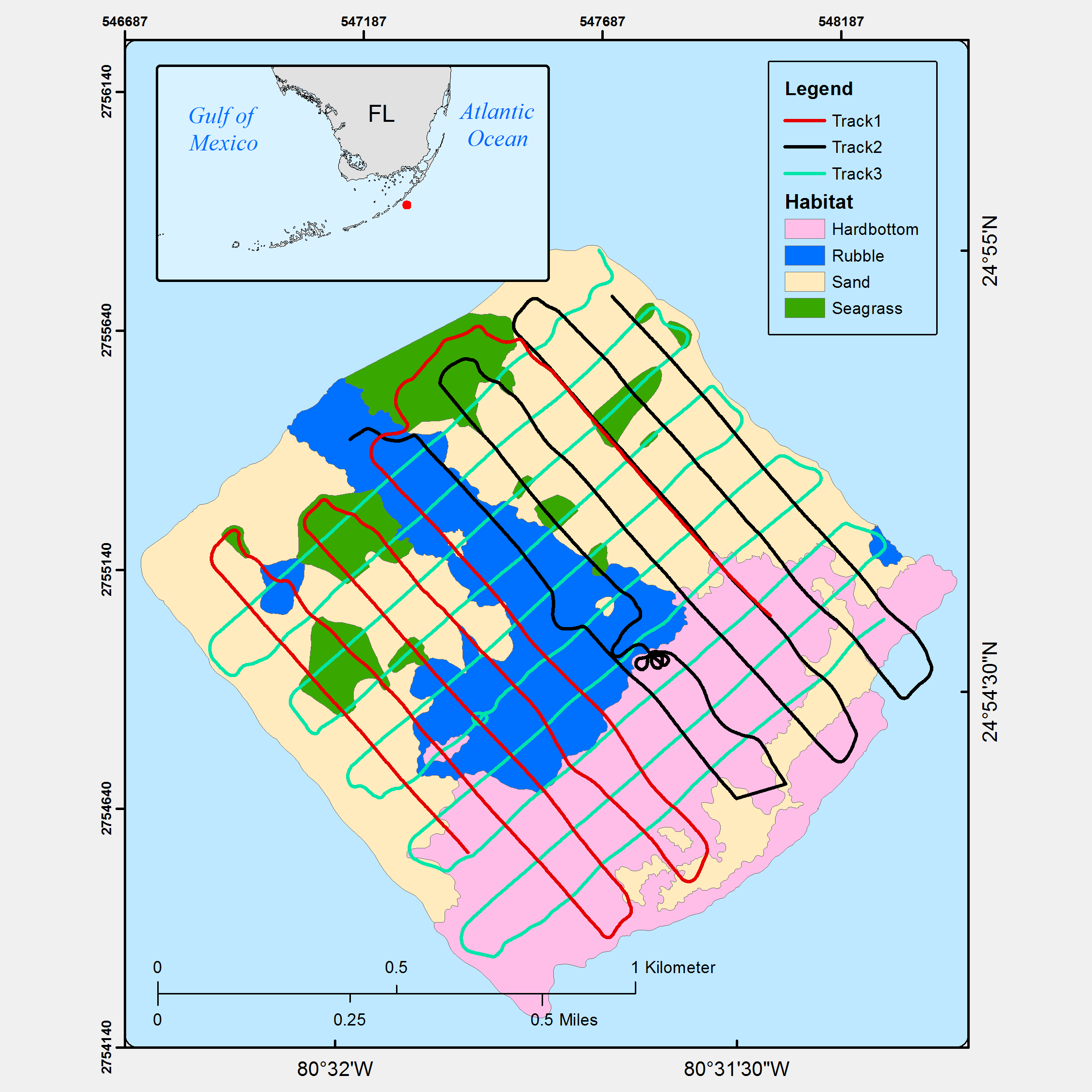 Graphic map showing the plot of the polygons contained in this data release, which represent the distribution of habitats found at Crocker Reef.