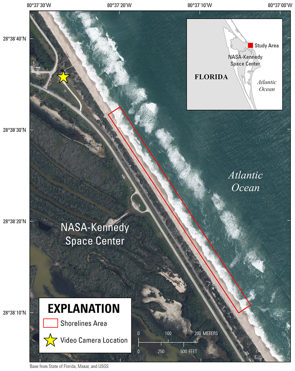 Labeled satellite map showing blue ocean with white waves near the shore to the upper left, and dark green land to the lower right, separated diagonally by a tan strip of beach.