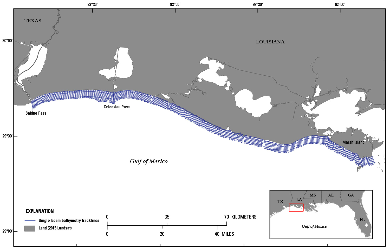 Labeled graphic map showing track lines from survey along the coast, with inset map. 
