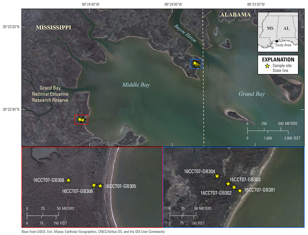 Labeled satellite location map, with an inset map and study area maps including scales. Study site locations are shown with yellow stars.