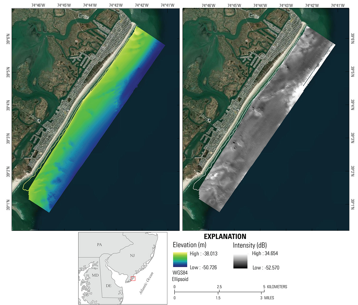 Two satellite maps of the study are with imagery data overlain; a colored gradient is shown in the polygon on the left panel, and the right panel shows a black and white gradient. Bottom shows an inset map of the larger area with an explanation and scale.
