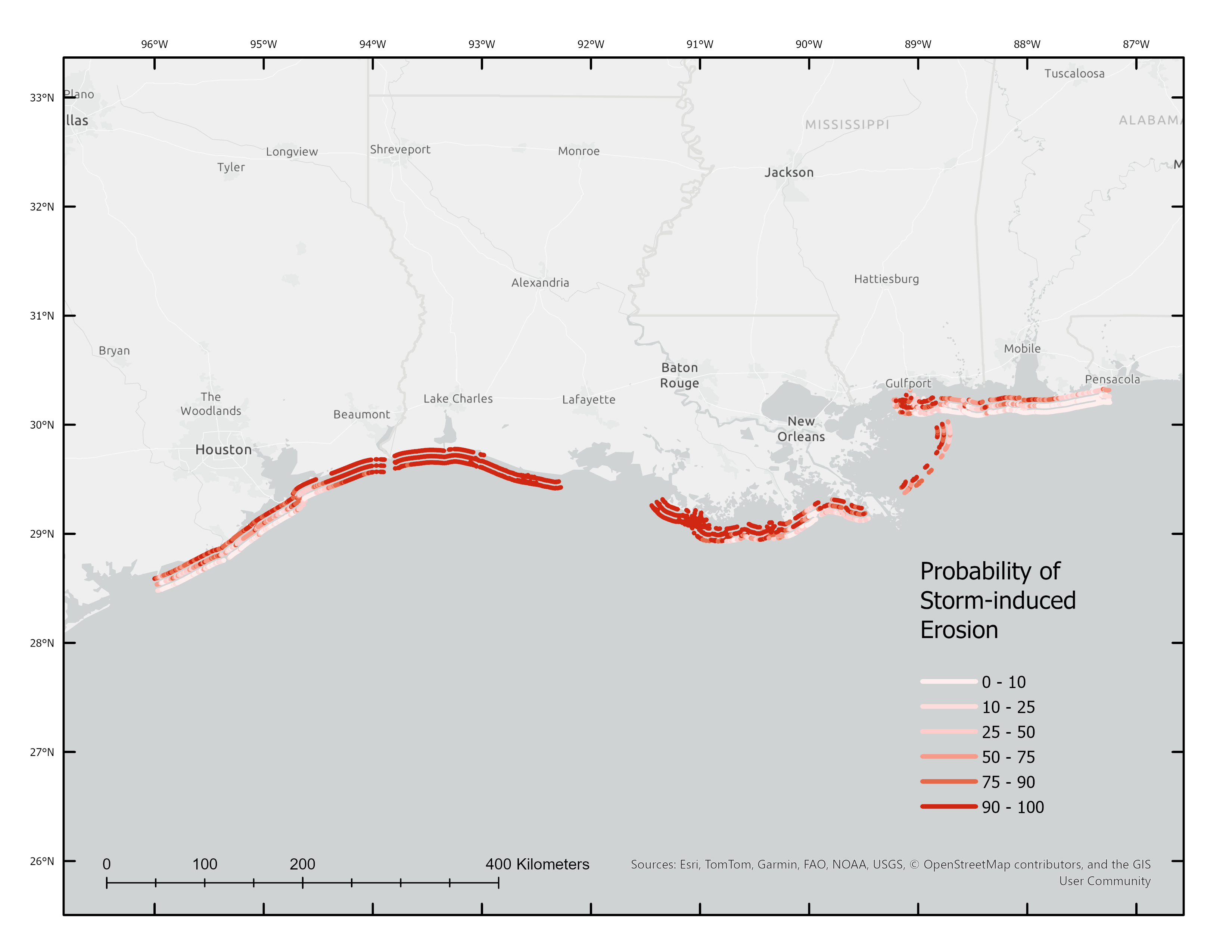 Map of the southern U.S. coastline along the Gulf of America including part of Texas, Louisiana, Mississippi, and Alabama. Land is light gray and water is dark grey. There is a layer of data along the coastline that represents the probability of storm-induced erosion, it is three strips with a varying range of red to cream colors. Darker red represents higher probability.
