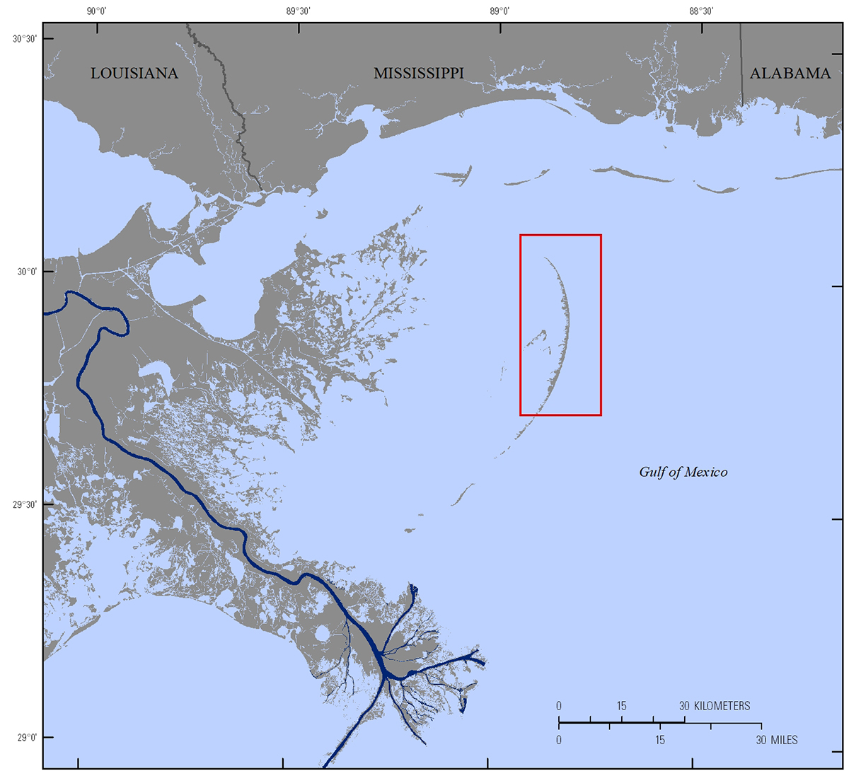 Graphic map of the study area with blue water, grey land, and a red box around the Chandeleur Islands.
