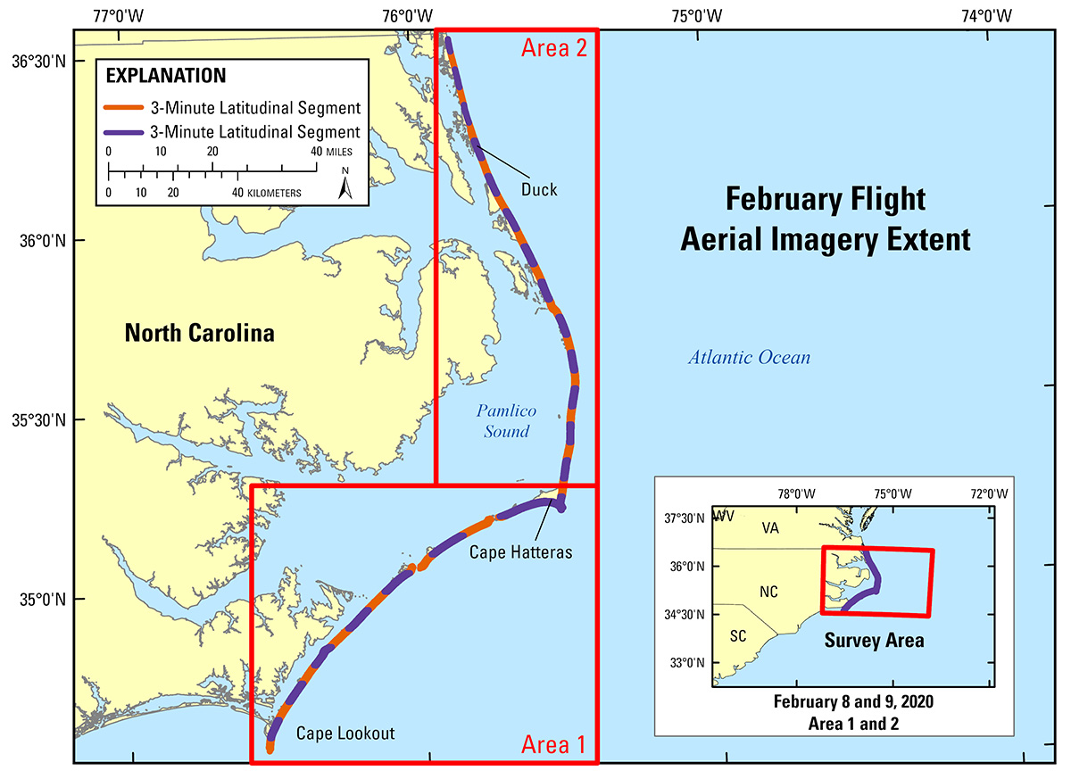 Labeled graphic map of the aerial flight extent showing segments in contrasting colors; includes inset location map, explanation, and scale.
