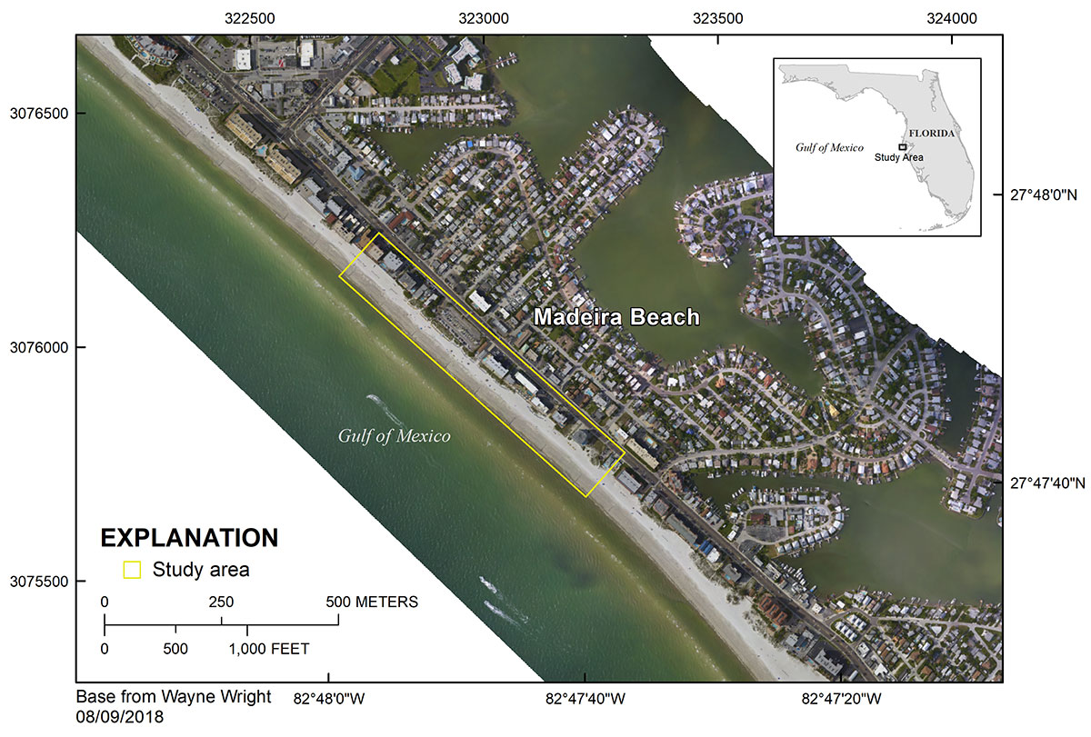 Aerial map of the study area showing a swath of barrier island diagonally, with sea to the bottom left, a strip of beach in the center, and housing developments to the north. Blue dots show the photo flight line, and an inset map and scale give more detail.