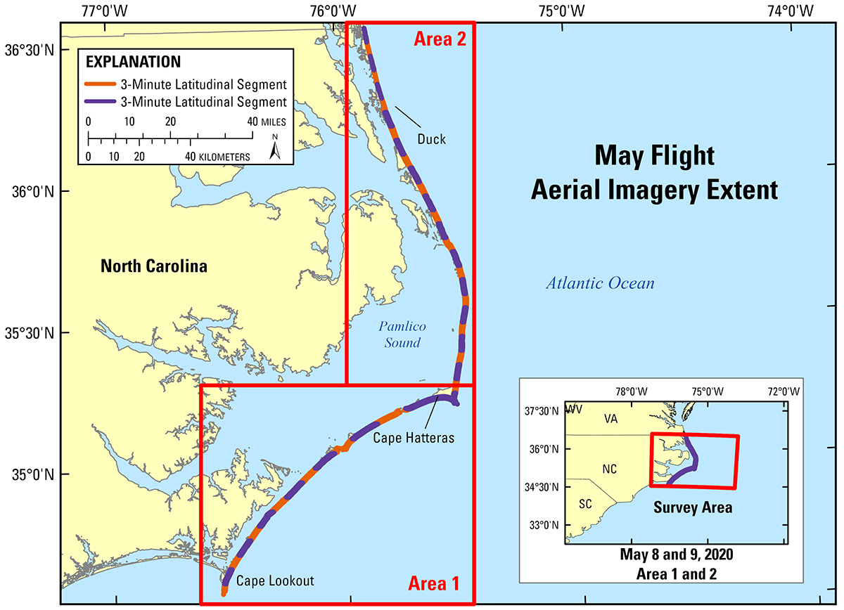 Labeled graphic map of the aerial flight extent areas showing segments in contrasting colors; includes inset location map, explanation, and scale.
