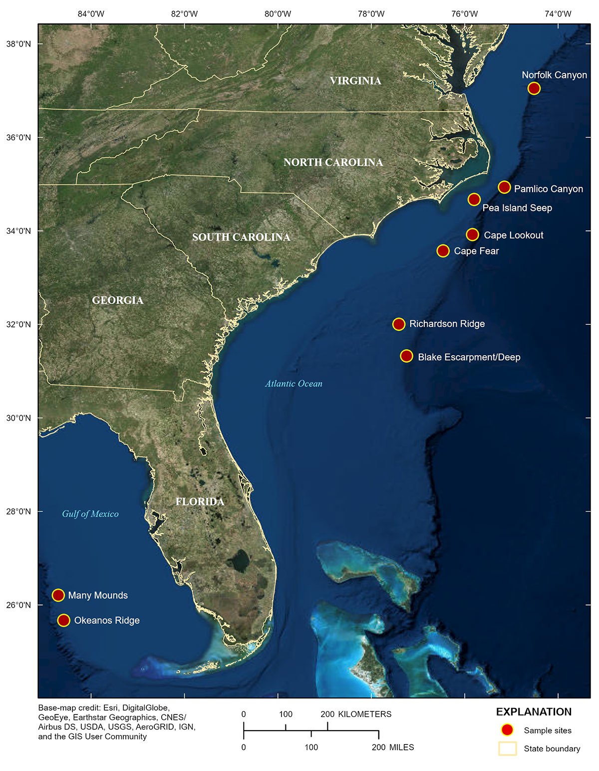 Labeled satellite map showing big dots for the locations of the study areas.