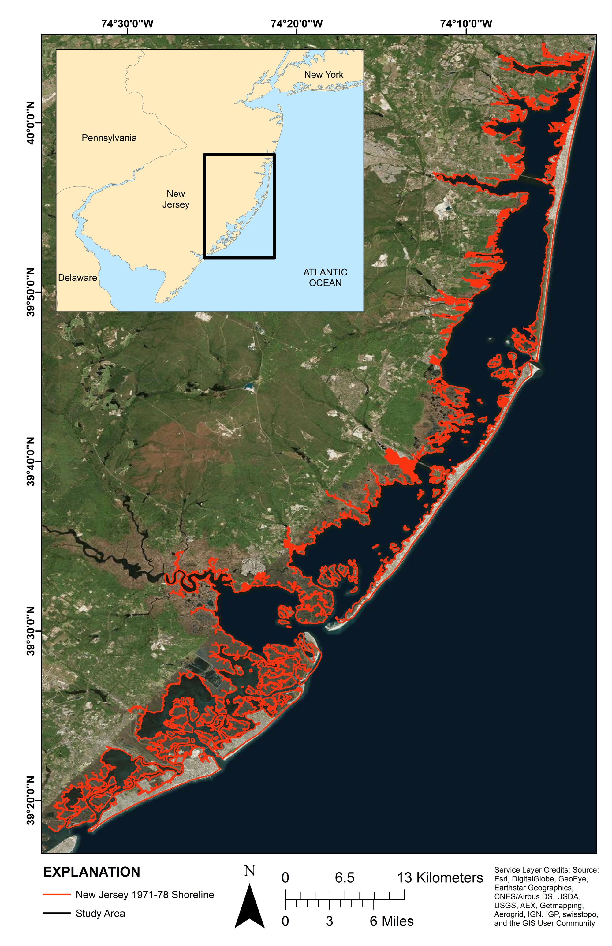 Labeled map showing the study area in New Jersey and the shoreline digitized from the NJDEP aerial images, with inset map of area.