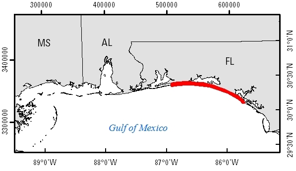 Greyscale location map with a thick red line along part of the northwest coast of Florida.