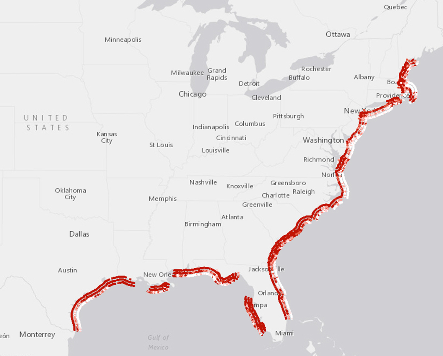 Labeled greyscale map of the US east coast to Texas, with stripes along most of it showing probabilites